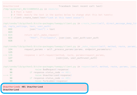a screenshot of an unauthorized error message. It is a big red box with a lot of text about different pieces of code, but at the bottom, we highlighted text that says: "Unauthorized: 401 Unauthorized Unauthorized"