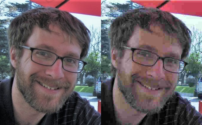 Two idenitcal side-by-side photos of the author of Kyle Thayer, but the one on the right is highly compressed, making it look somewhat blocky and colors are a little off, and it is noisy.