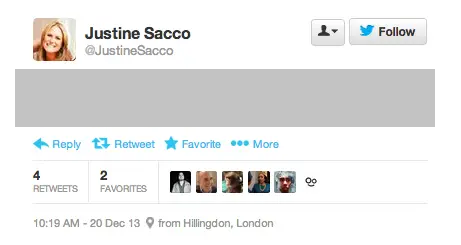 Screenshot of Sacco's tweet, with the text grayed out. Twitter interface has: user name and image, options for Reply, Retweet, Favorite and More; Counts of Retweets and Favorites; and time (10:19Am - 20 Dec 13) and location (Hillingdon, London)